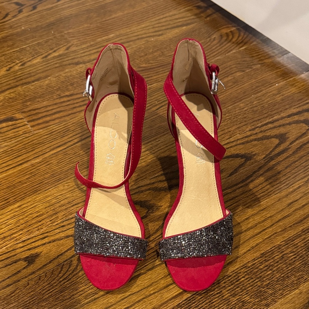 Aldo Red Suede Ankle Strap Heels with Black Glitter Toe Band